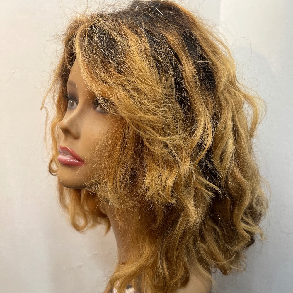 Honey brown Blond Highlight HUMAN HAIR CURLY Wig. pre cut lace front